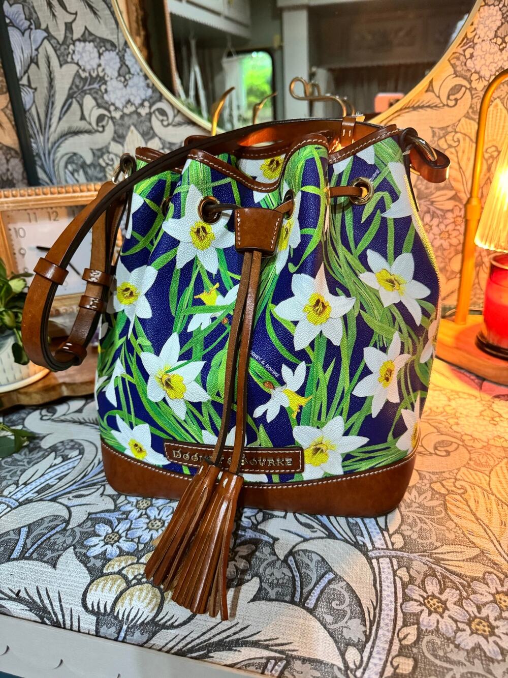 Dooney and Bourke navy yellow daffodil drawstring bucket bag purse